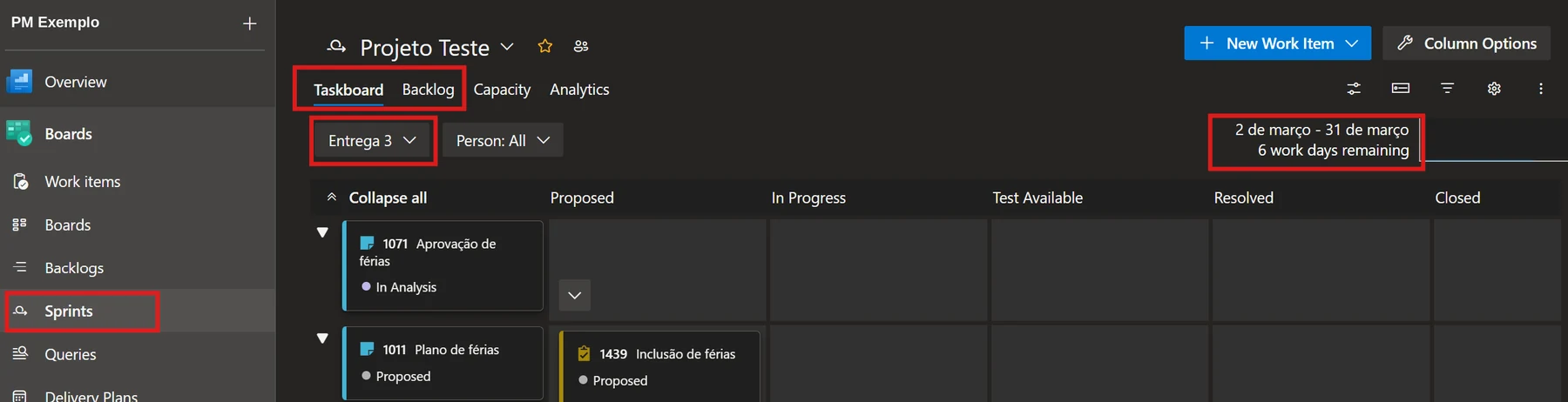 Quadro de tarefas da Entrega 3, com requisitos e as tarefas correspondentes por coluna